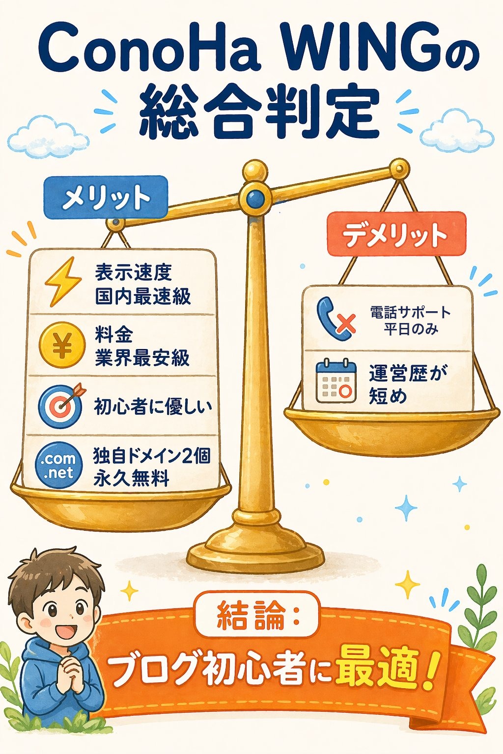 ConoHa WINGの総合判定：表示速度国内最速級・料金業界最安級・初心者に優しい・独自ドメイン2個永久無料／電話サポート平日のみ・運営歴2018年〜