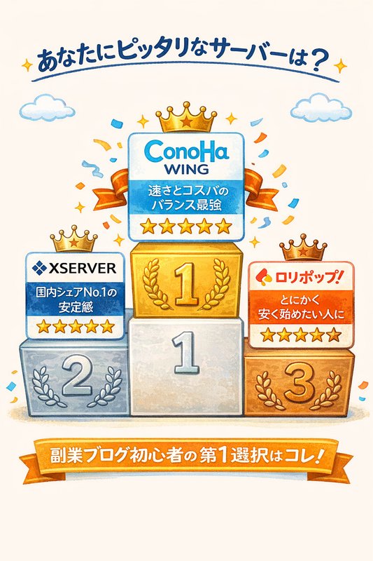 副業ブログおすすめレンタルサーバー3選：1位ConoHa WING、2位エックスサーバー、3位ロリポップ