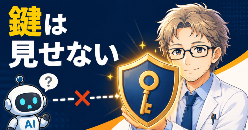 1Password for Claude実測レビューのアイキャッチ。鍵は見せないの文字と、盾と鍵を守るシンラボくん、鍵が見えないAIロボットのイラスト