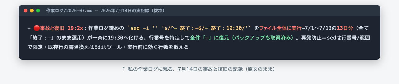 2026年7月14日のsed一括置換事故と復旧を記録した作業ログの抜粋