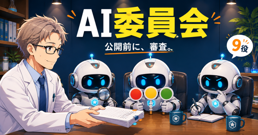 AI委員会のアイキャッチ画像。白衣のシンラボくんが原稿の束を差し出し、3体のロボット委員が赤・黄・緑の判定札を持って審査している。文字は「AI委員会 公開前に、審査。9役」