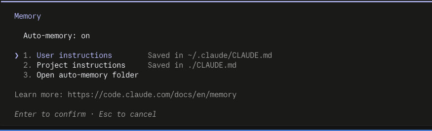/memoryの一覧に、Project instructions Saved in ./CLAUDE.mdと出た画面