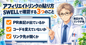 「アフィリエイトリンクの貼り方 SWELLで確認する3つのこと」の題と、貼ったあとに確認する3つ（PR表記が出ているか・コードを変えていないか・リンク先が開くか）の札。白衣の研究員が「表記が先、リンクが後」と話すイラスト。