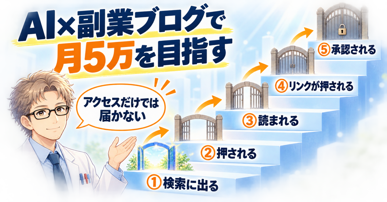 「AI×副業ブログで月5万を目指す」の題と、月5万までの5つの関門(①検索に出る・②押される・③読まれる・④リンクが押される・⑤承認される)を順に並べた図。白衣の研究員が「アクセスだけでは届かない」と話すイラスト。