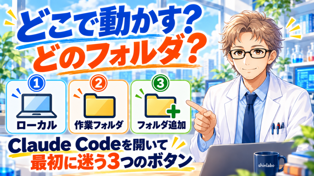 Claude Codeを開いて最初に迷う3つのボタン（ローカル・作業フォルダ・フォルダ追加）。どこで動かす？どのフォルダ？