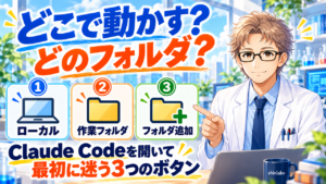 Claude Codeを開いて最初に迷う3つのボタン（ローカル・作業フォルダ・フォルダ追加）。どこで動かす？どのフォルダ？