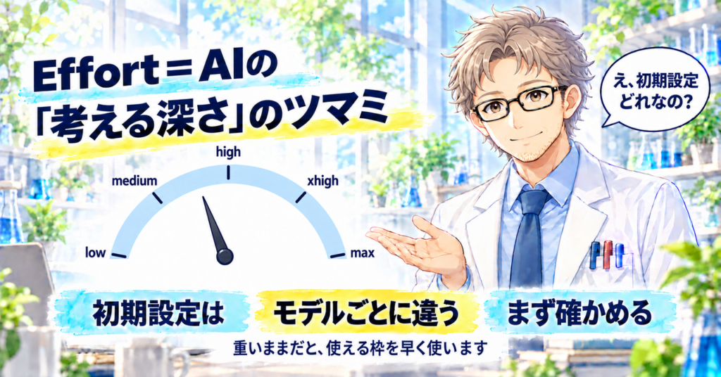 Effort＝AIの「考える深さ」のツマミ。low〜maxのダイヤルを手で示しながら、初期設定はモデルごとに違うのでまず確かめる、と伝える白衣の研究員のイラスト。重いままだと、使える枠を早く使う。
