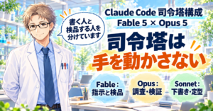 「Claude Code 司令塔構成 Fable 5 × Opus 5」の題と「司令塔は手を動かさない」の文字。Fable は指示と検品、Opus は調査・検証、Sonnet は下書き・定型と役割が並び、手を後ろに組んだ白衣の研究員が「書く人と検品する人を分けています」と話すイラスト。