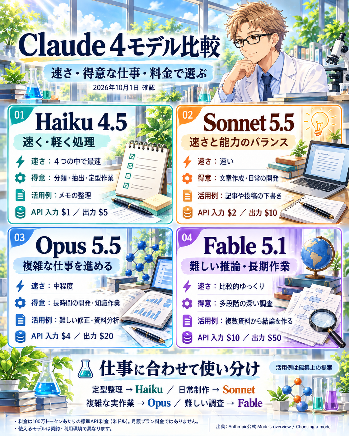 Claudeの4つのモデルの比較図。Haiku 4.5は4つの中で最速でAPI料金は入力1ドル・出力5ドル、Sonnet 5.5は速さと能力のバランスで2ドル・10ドル、Opus 5.5は速さが中程度で長時間の開発と知識作業が得意で4ドル・20ドル、Fable 5.1は比較的ゆっくりで難しい推論と長期の作業が得意で10ドル・50ドル。料金は100万トークンあたりの標準API料金