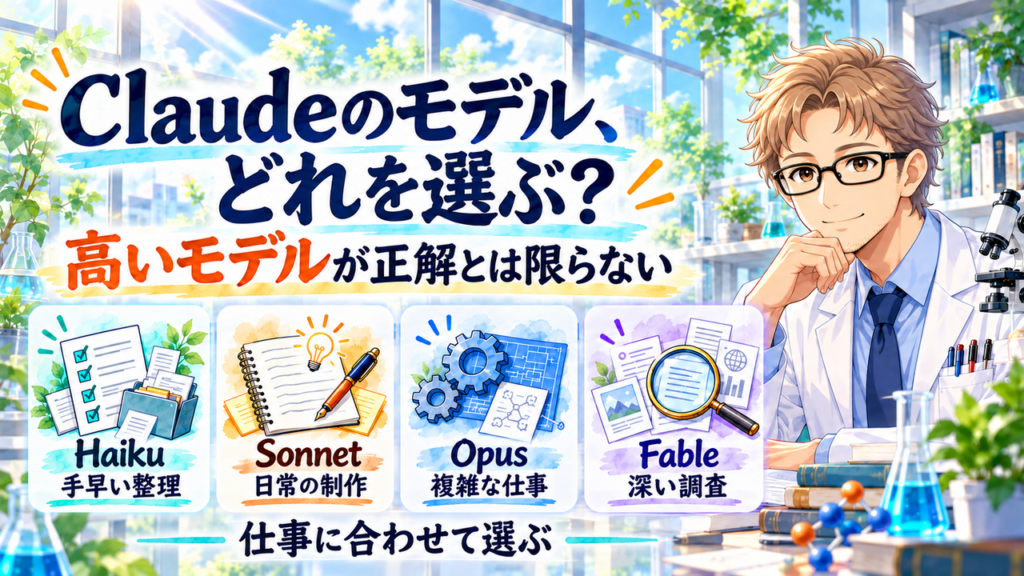ラボを背景に「Claudeのモデル、どれを選ぶ？ 高いモデルが正解とは限らない」と、Haiku・Sonnet・Opus・Fableの用途を描いたアイキャッチ