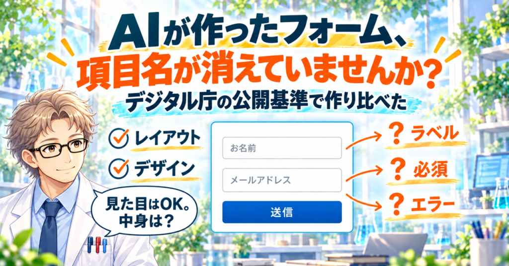 「AIが作ったフォーム、項目名が消えていませんか？」の題と「デジタル庁の公開基準で作り比べた」の副題。項目名が入力欄の中にしかない申し込みフォームの左に、レイアウト・デザインの合格の印、右に矢印でラベル・必須・エラーの要確認の印。白衣の研究員が「見た目はOK。中身は？」と話すイラスト。