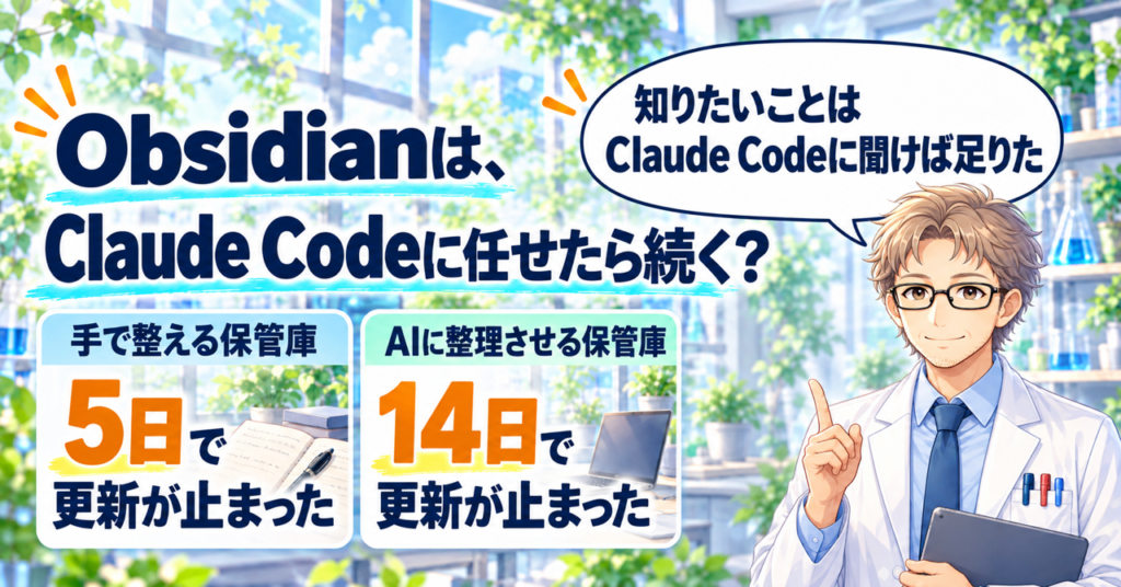 「Obsidianは、Claude Codeに任せたら続く？」の題と、手で整える保管庫は5日、AIに整理させる保管庫は14日で更新が止まった（ファイルの更新日で数えた日数）ことを示す札。白衣の研究員が「知りたいことはClaude Codeに聞けば足りた」と話すイラスト。