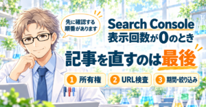「Search Console 表示回数が0のとき」の題と「記事を直すのは最後」の文字。所有権・URL検査・期間・絞り込みの3つに番号が付き、白衣の研究員が「先に確認する順番があります」と話すイラスト。
